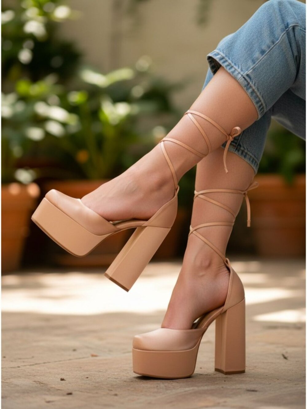Satin Block Heel Platform Pumps With Wrap-Around Ankle Strap Champagne Color